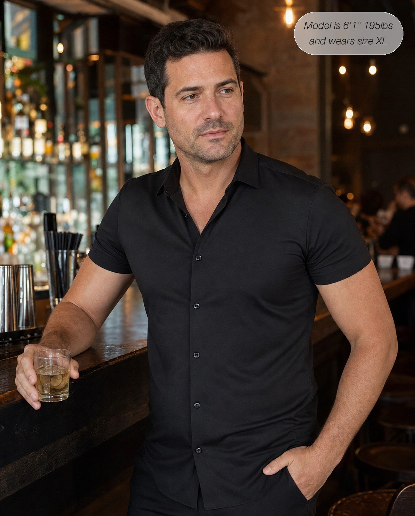 Sovereign stretch dress shirt in black, short sleeve, bar