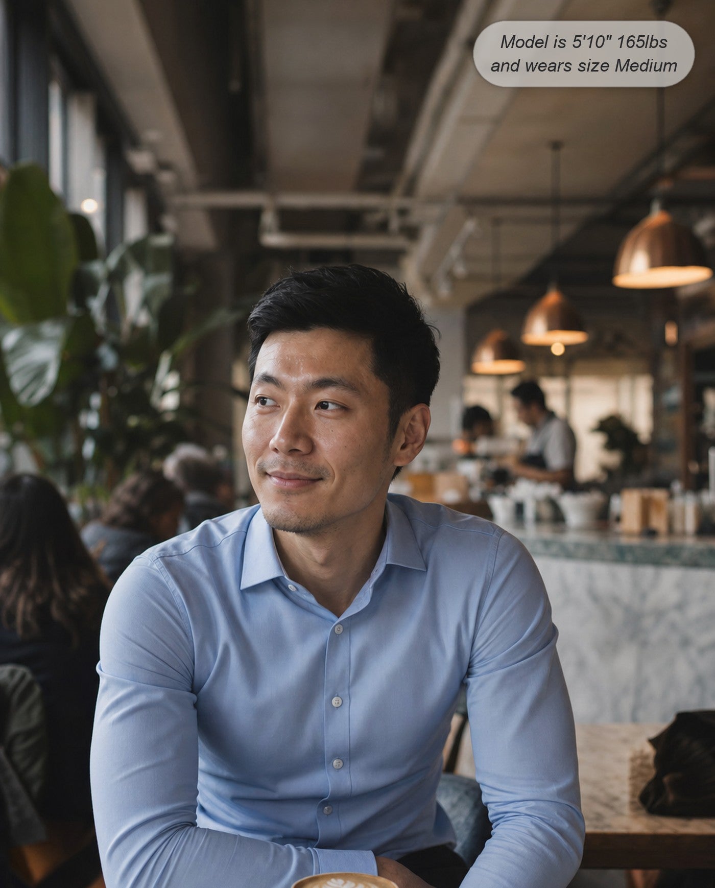 Sovereign stretch dress shirt in sky blue, long sleeve, coffee shop