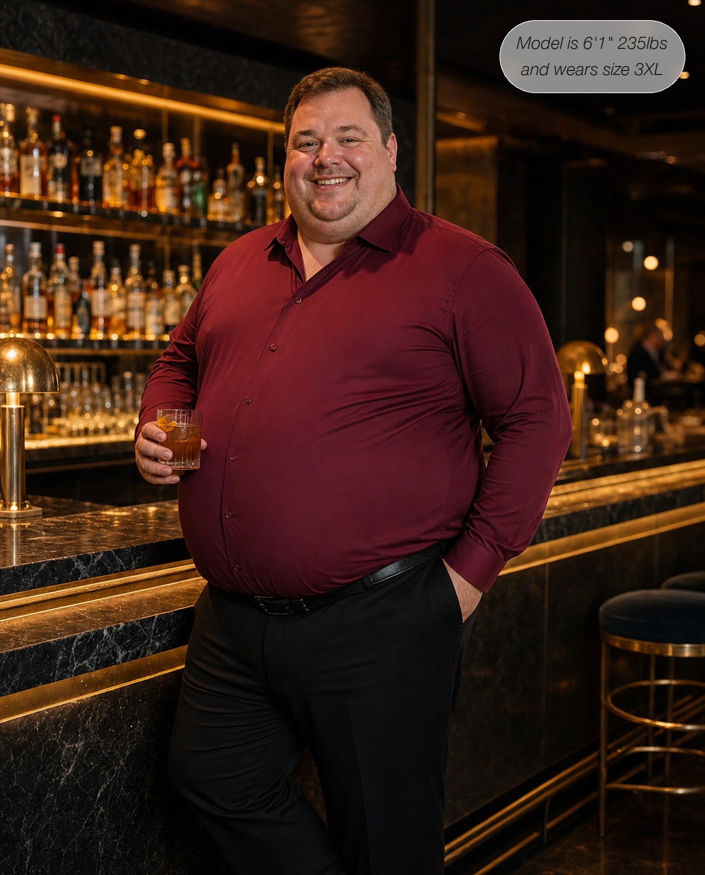 Sovereign stretch dress shirt in burgundy, long sleeve, cocktail bar