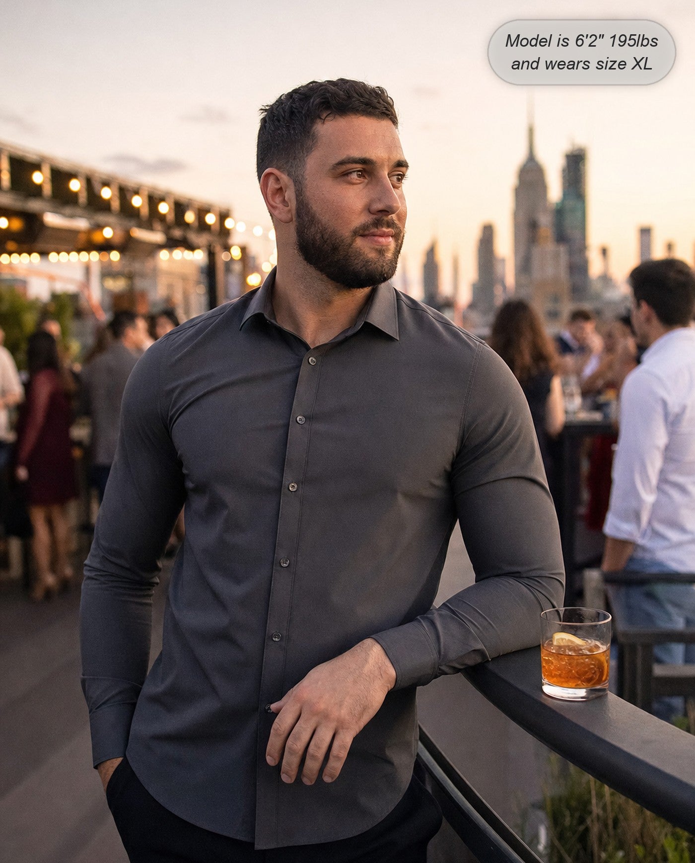 Sovereign stretch dress shirt in charcoal, long sleeve, rooftop bar