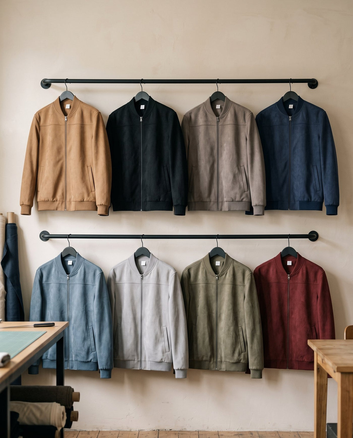 Atlas suede bomber jackets hanging in all eight colourways