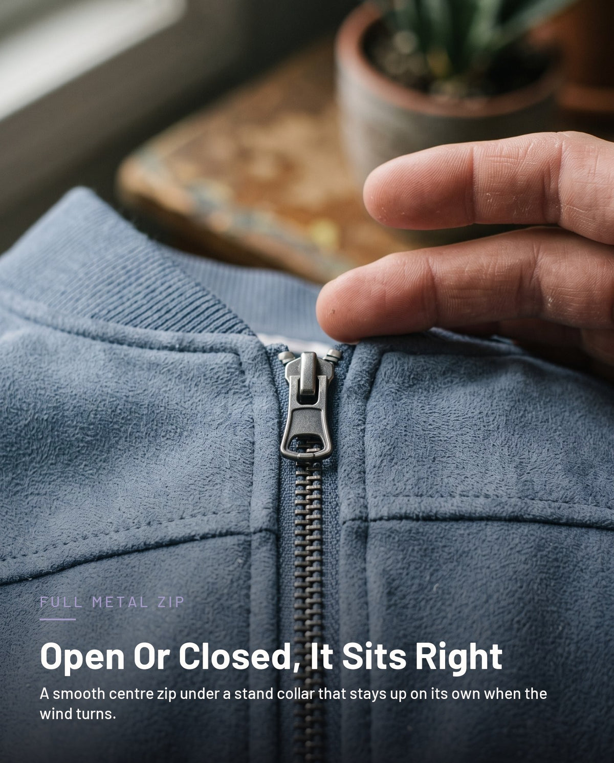 Metal centre zip and ribbed stand collar detail