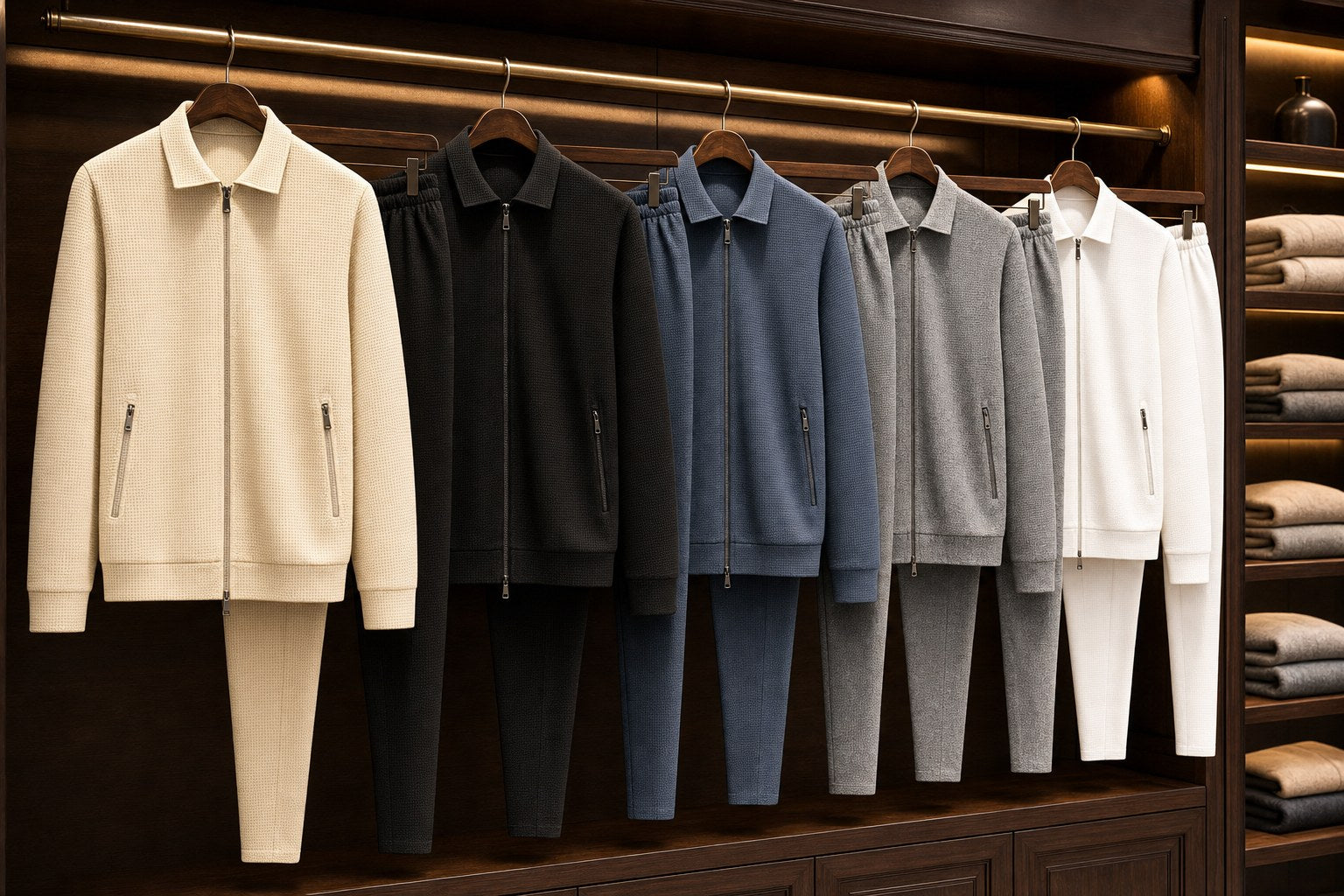 Monarch Elite zipped tracksuit sets in multiple colors on a luxury walk-in closet rail