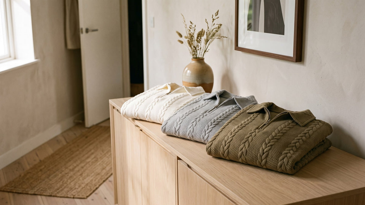 Regent sweaters folded on a sideboard