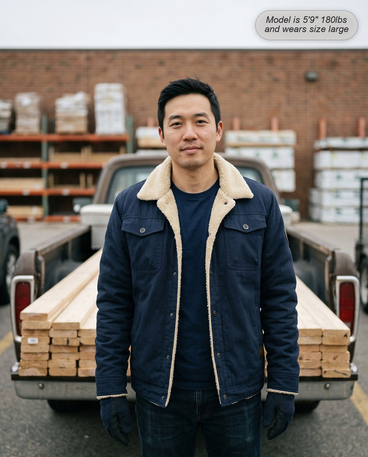 Man wearing the Sentinel sherpa jacket in navy loading lumber