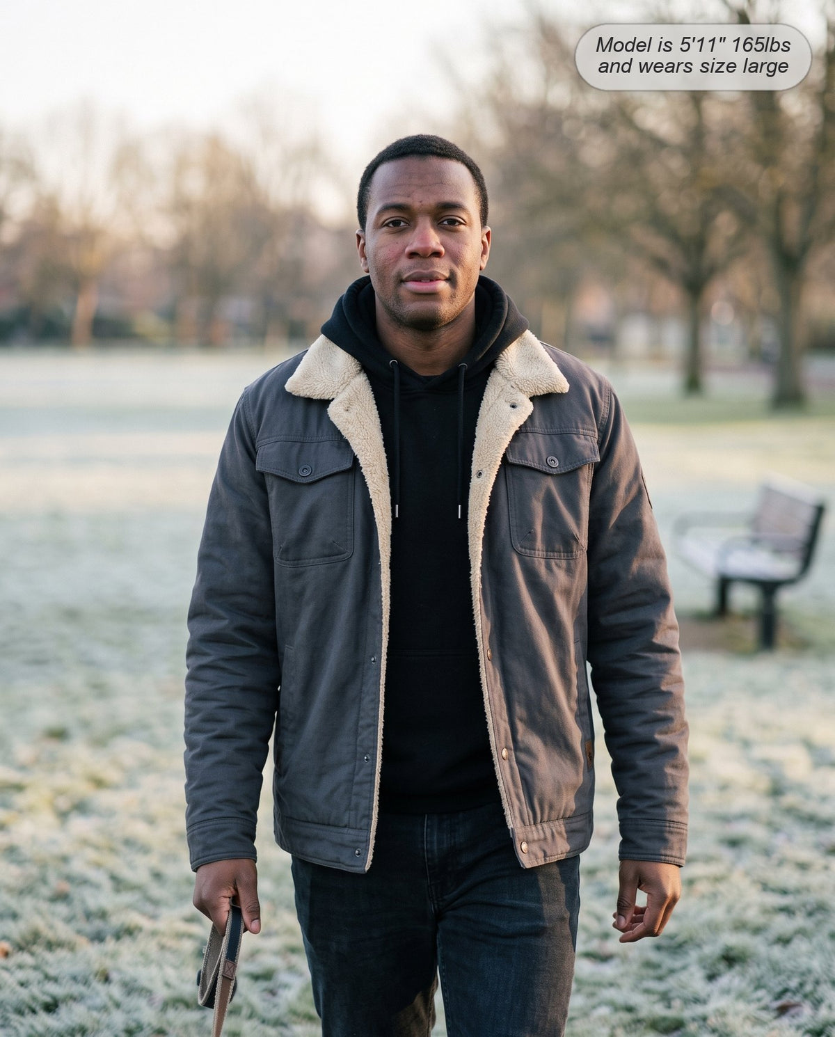 Man wearing the Sentinel sherpa jacket in charcoal grey on a frosty park path