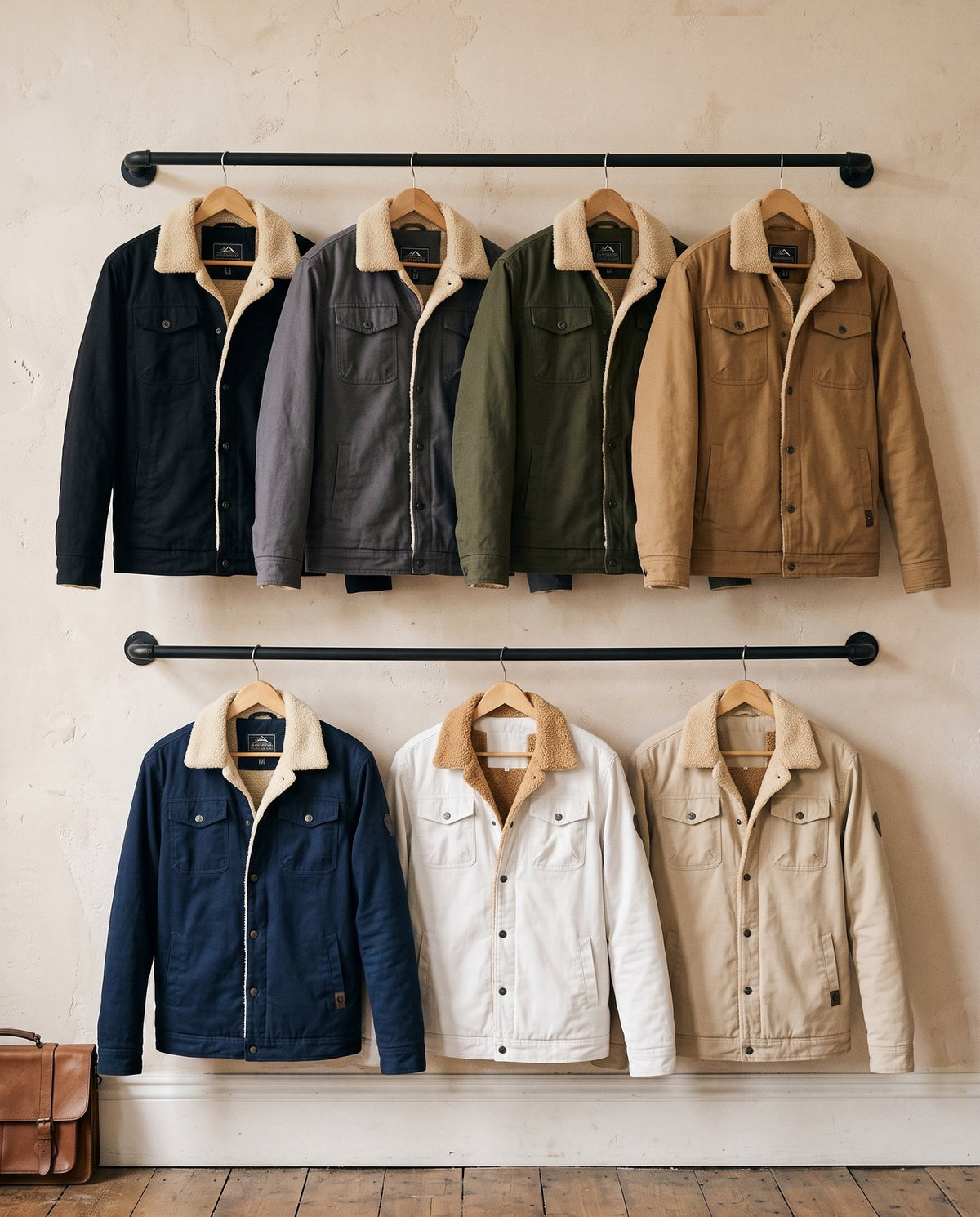 Sentinel sherpa jackets hanging in all seven colourways