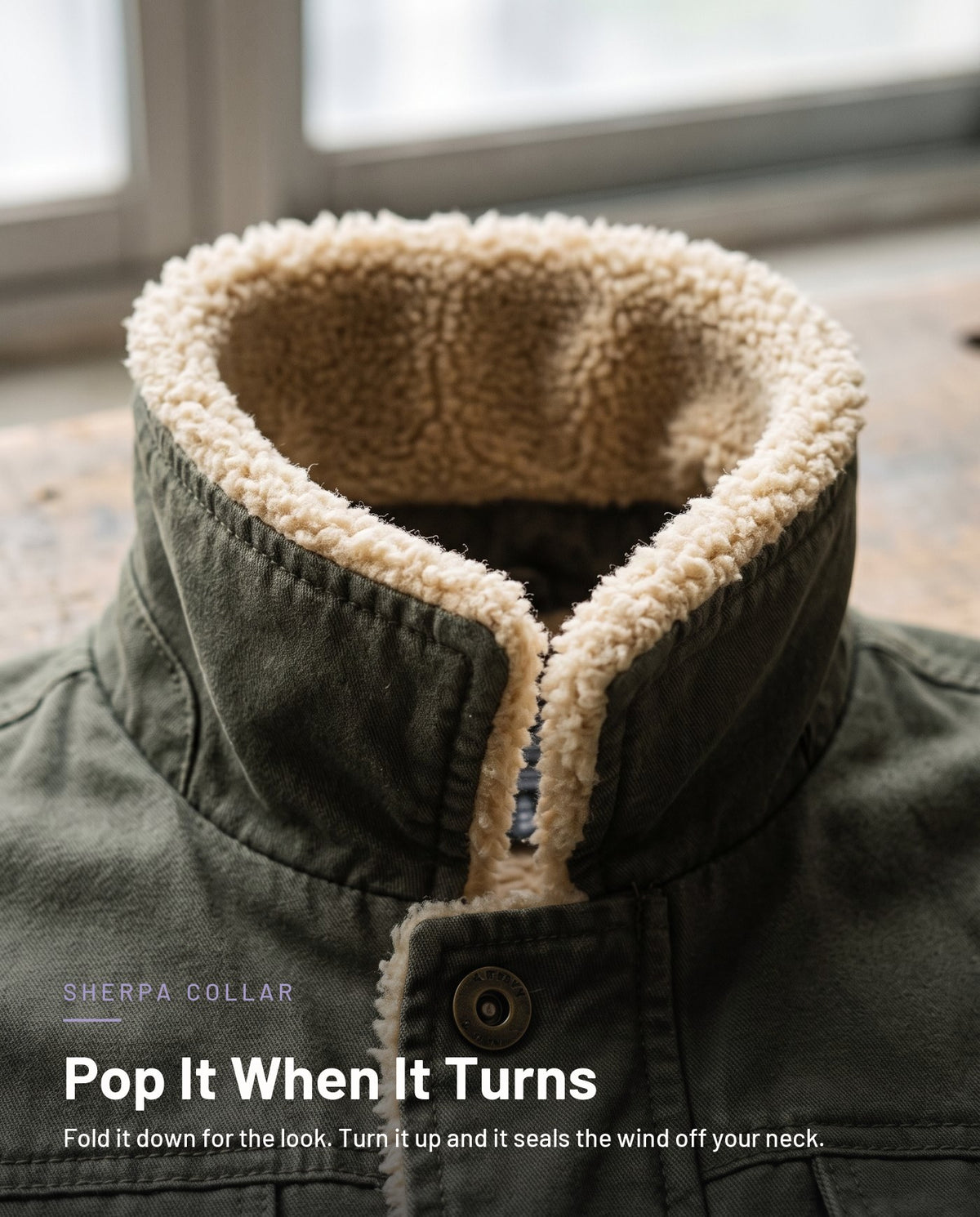 Sherpa collar turned up as a windbreak