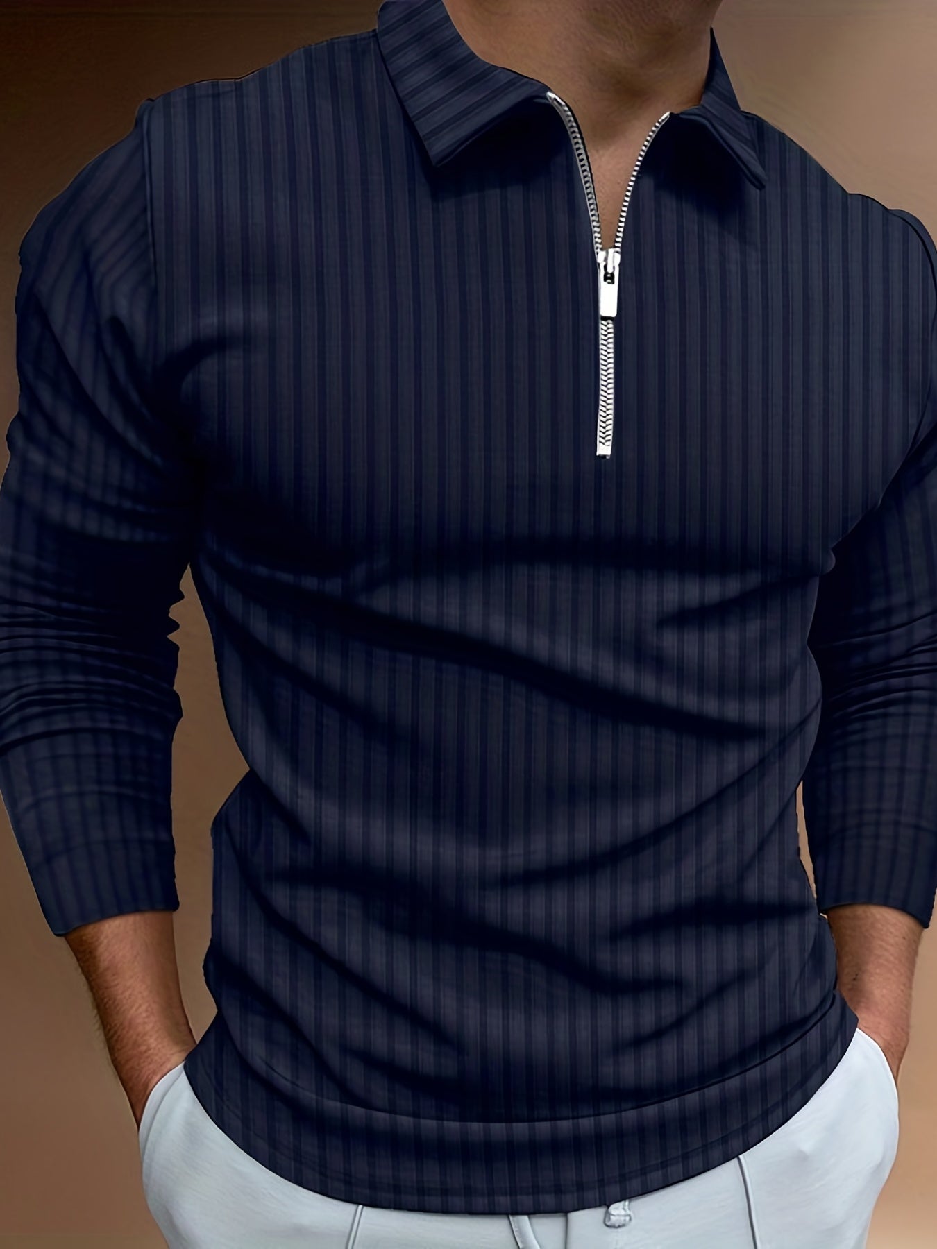 Men's Sovereign Stripe - Half Zip Collar Long Sleeve Shirt in Navy Blue with White Stripes, Perfect for Casual and Business Wear