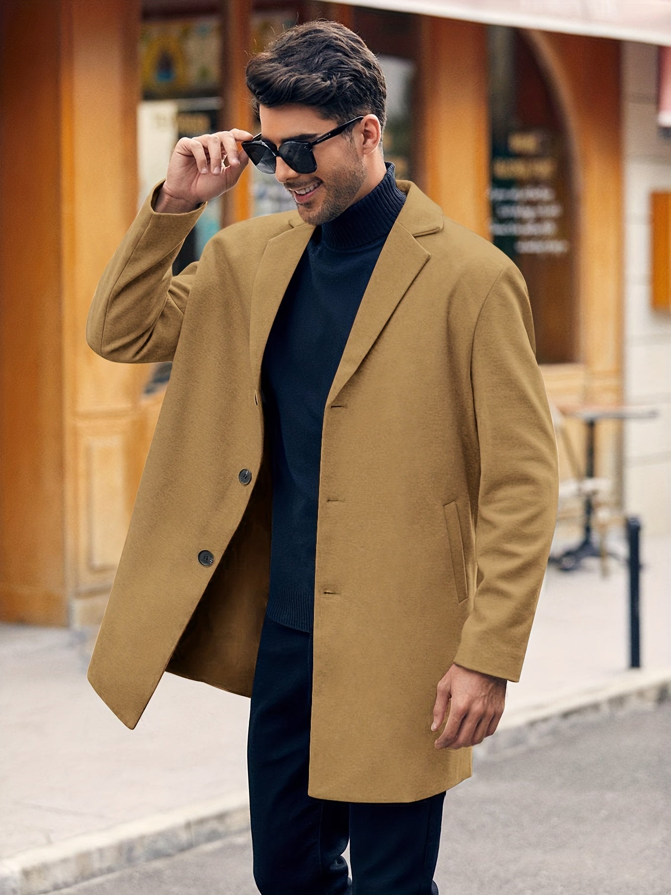 Stylish Atrium Trench Overcoat in classic khaki with wide lapels