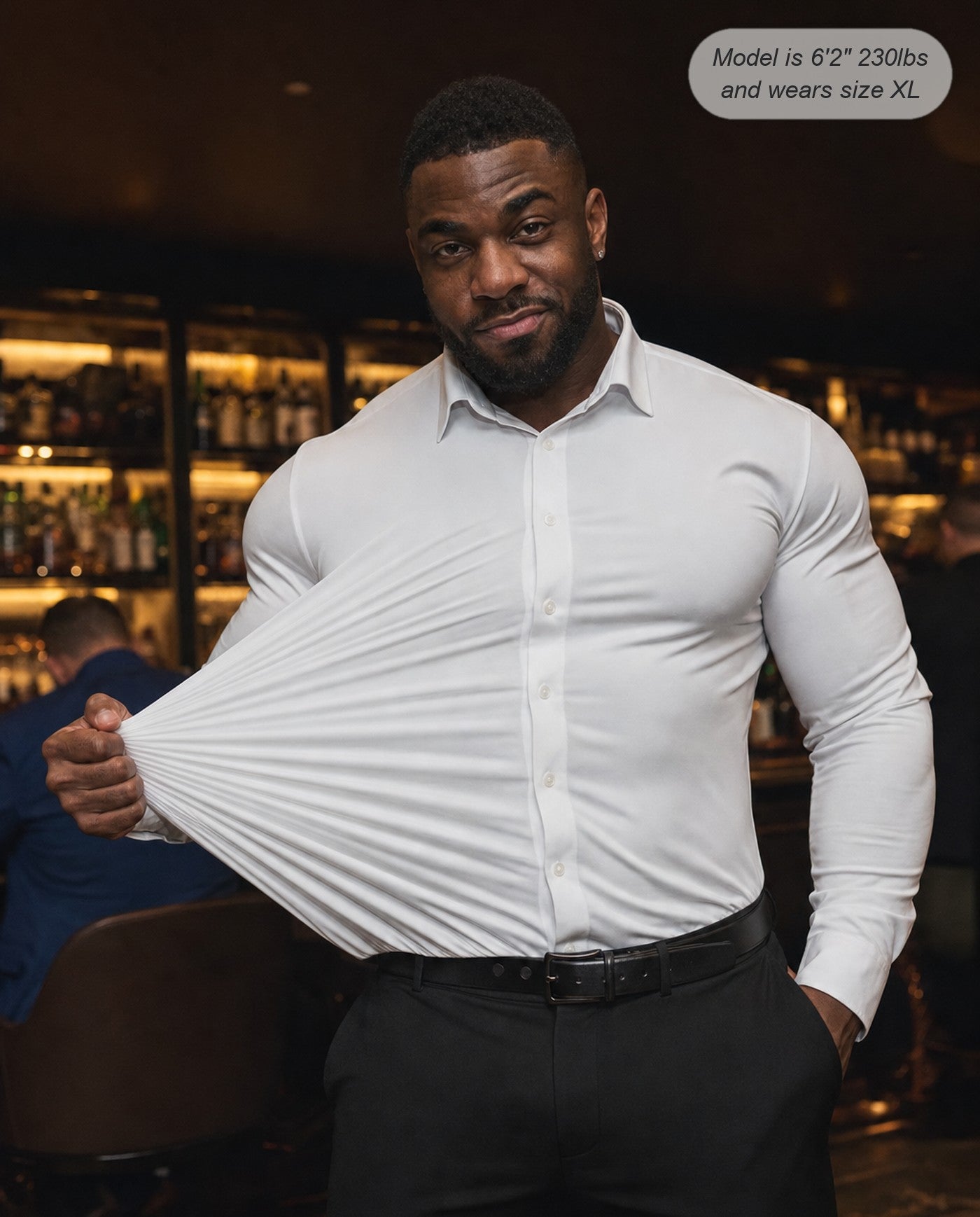 Sovereign stretch dress shirt in white, four-way stretch demonstration in a bar