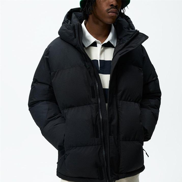 Black Shadow Insulated Puffer Jacket with Hood and Zipper Detail