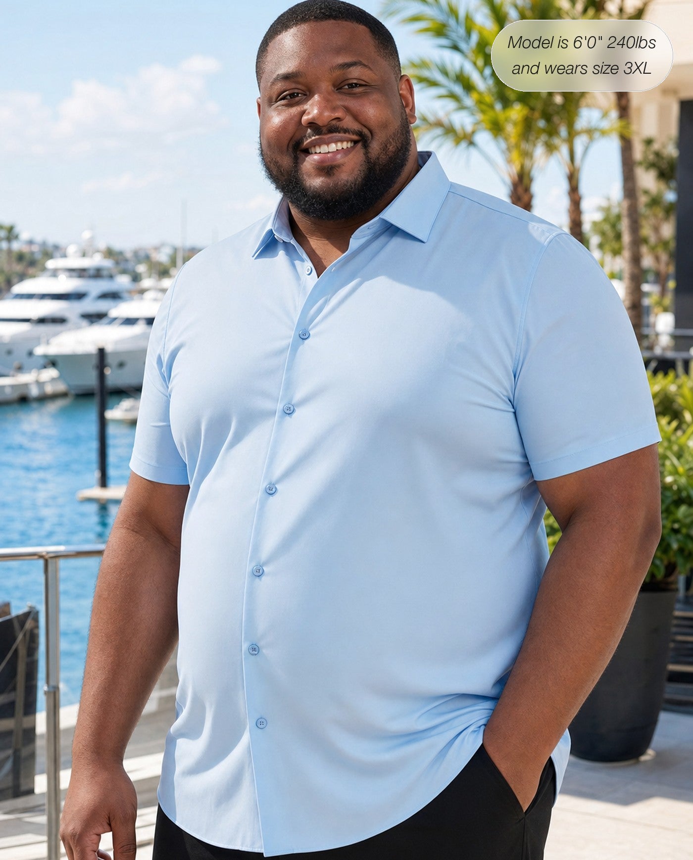 Sovereign stretch dress shirt in sky blue, short sleeve, waterfront marina