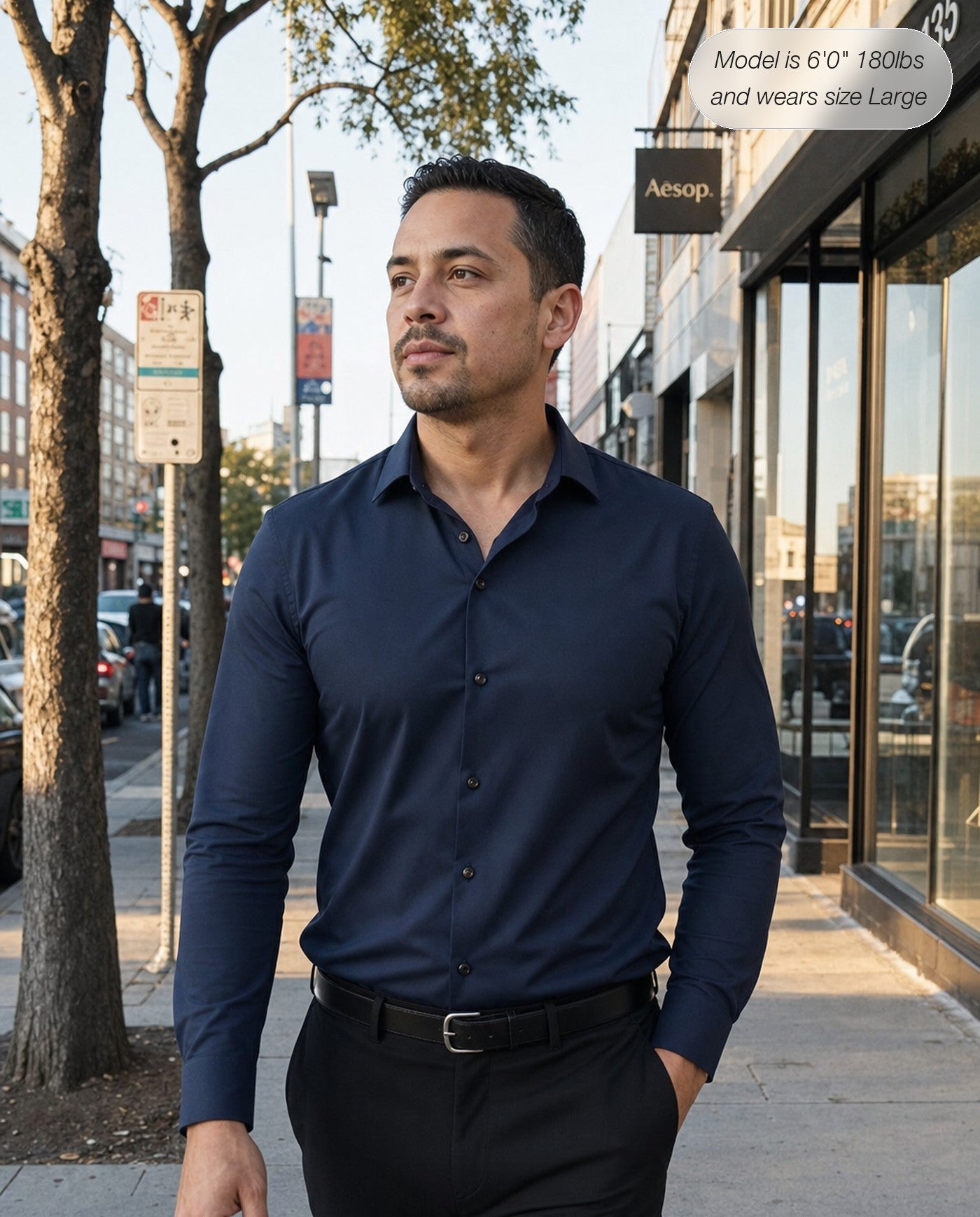 Sovereign stretch dress shirt in navy, long sleeve, city street