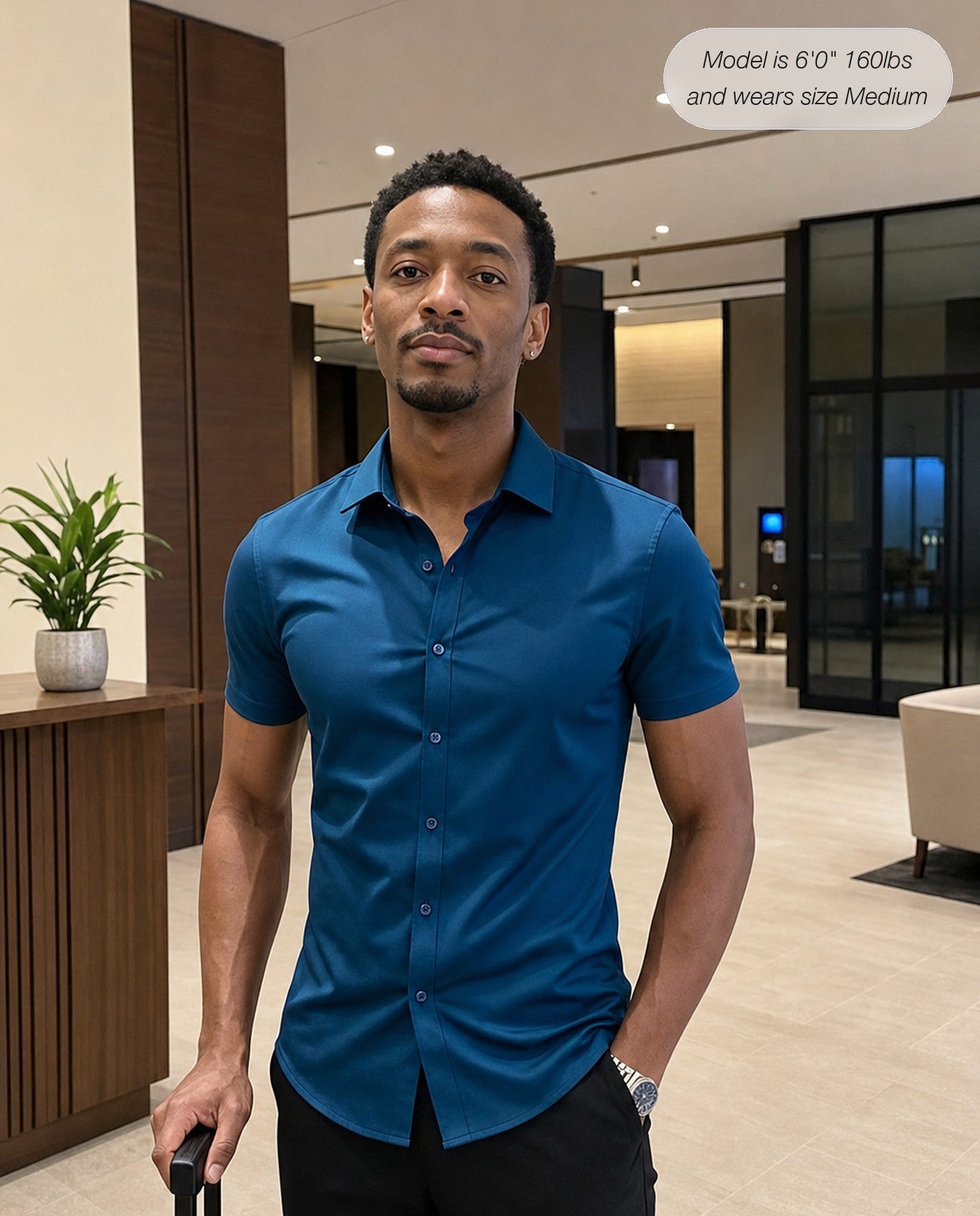 Sovereign stretch dress shirt in teal, short sleeve, hotel