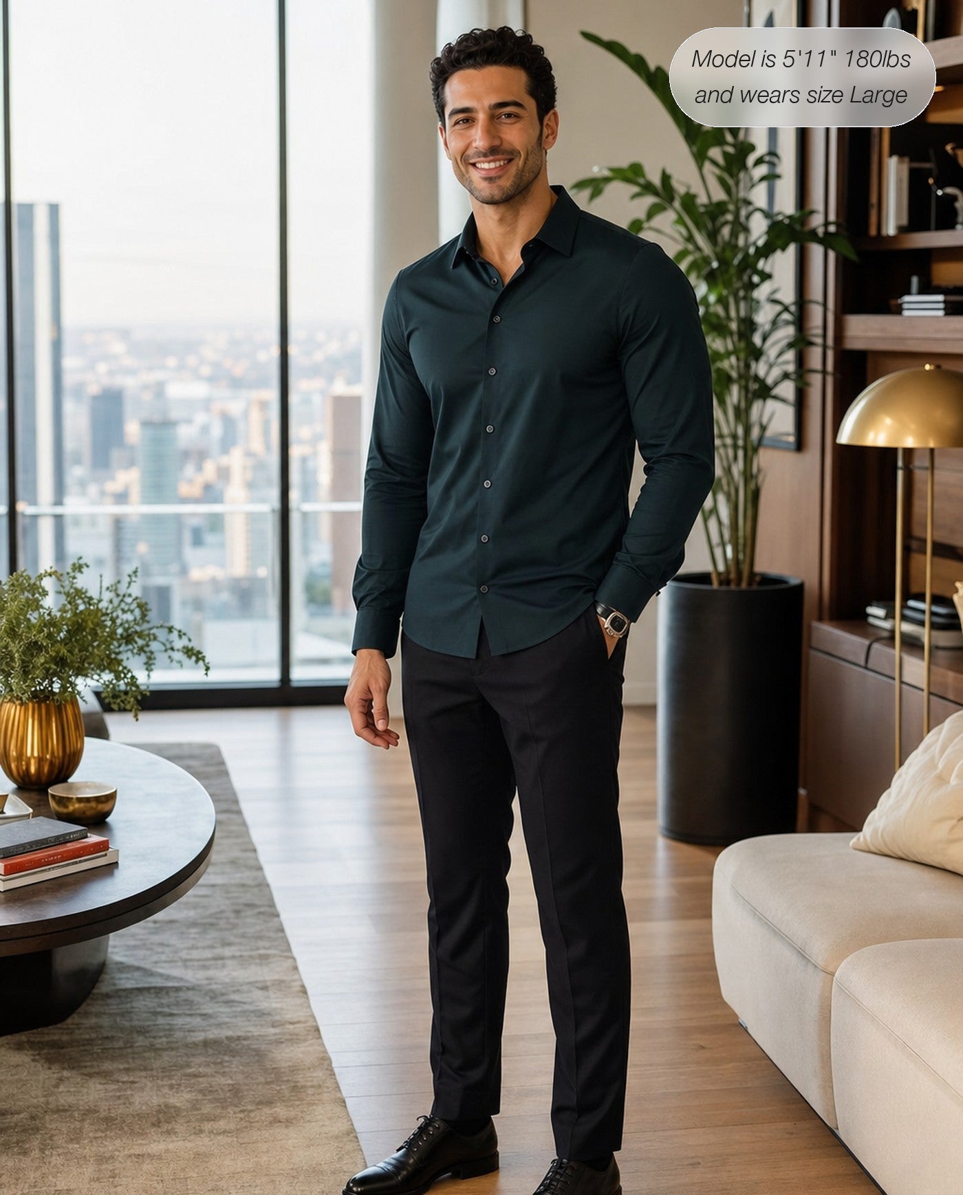Sovereign stretch dress shirt in dark teal, long sleeve, apartment