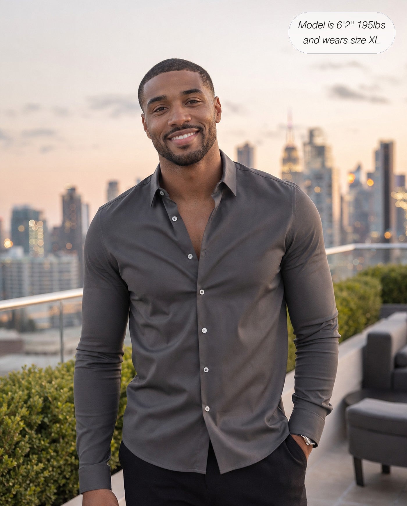Sovereign stretch dress shirt in charcoal, long sleeve, rooftop party