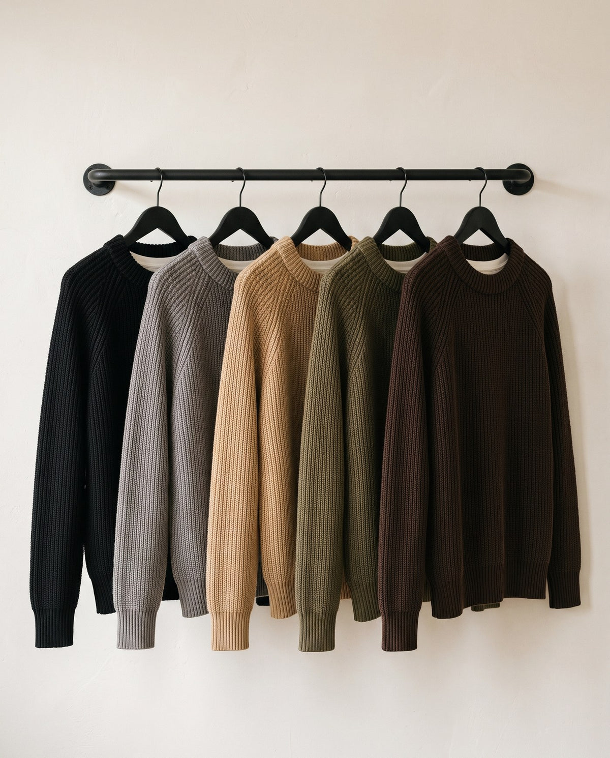 Admiral ribbed knit sweaters hanging in all five colourways