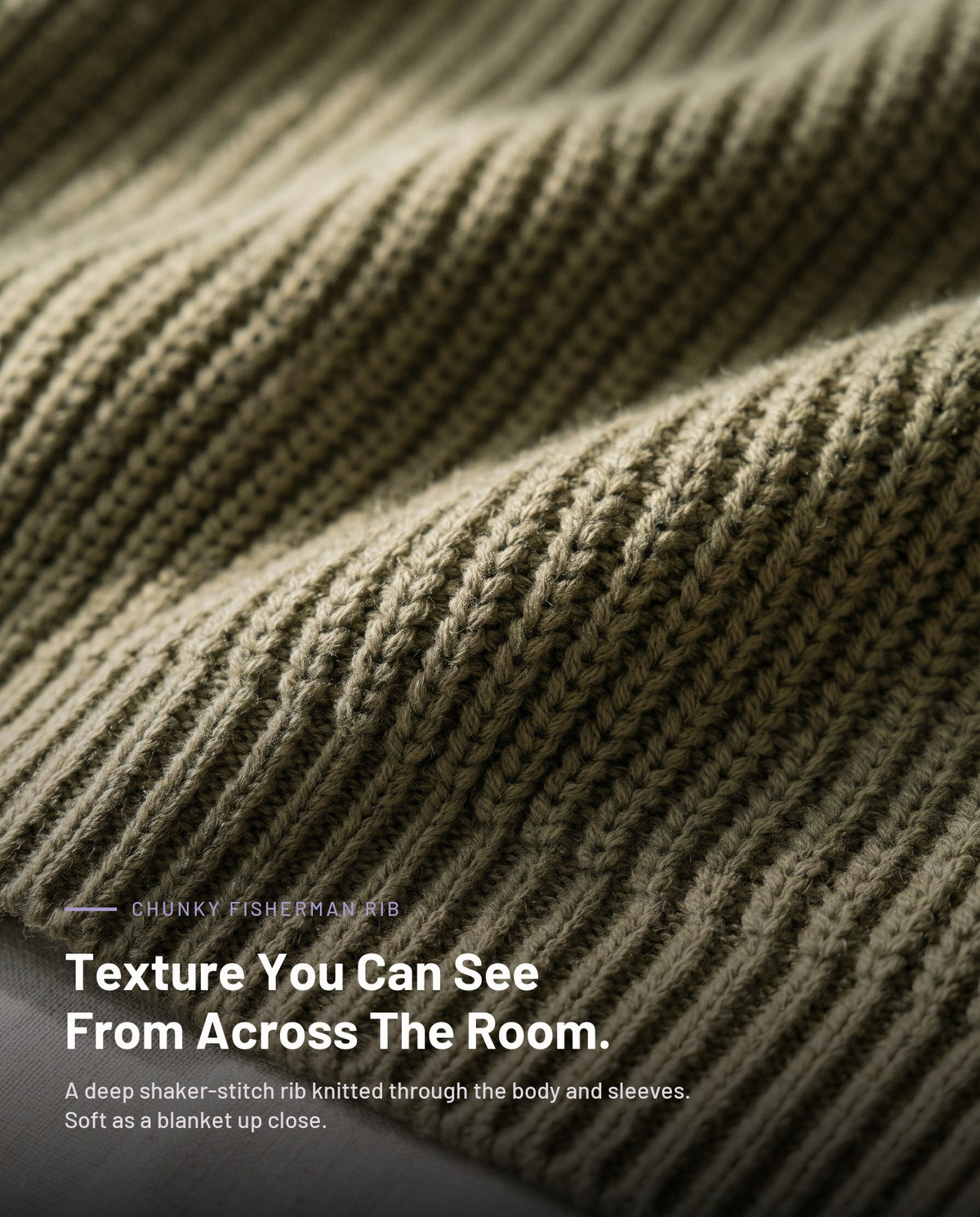 Close-up of the chunky fisherman rib knit in olive