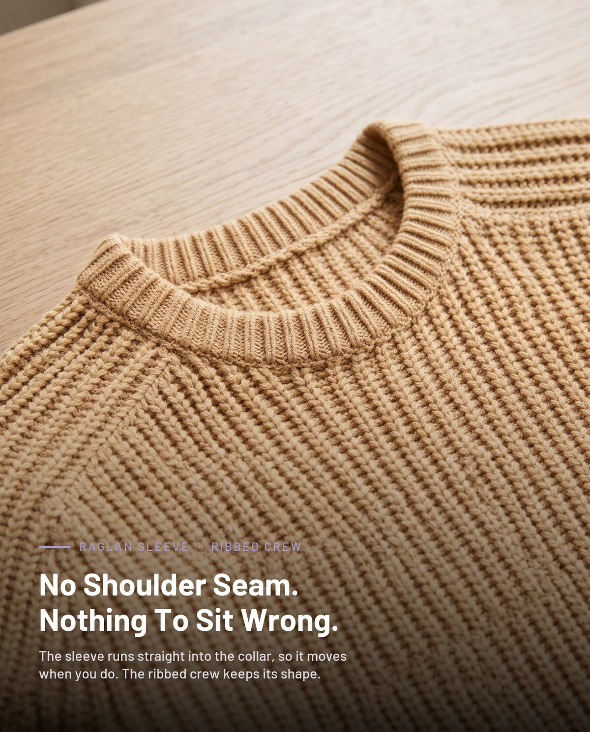 Ribbed crew neck and raglan seams in beige