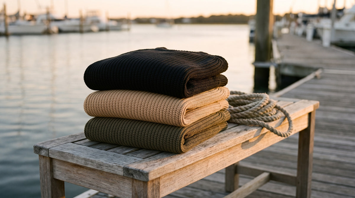 Admiral ribbed knit sweaters folded on a marina dock bench
