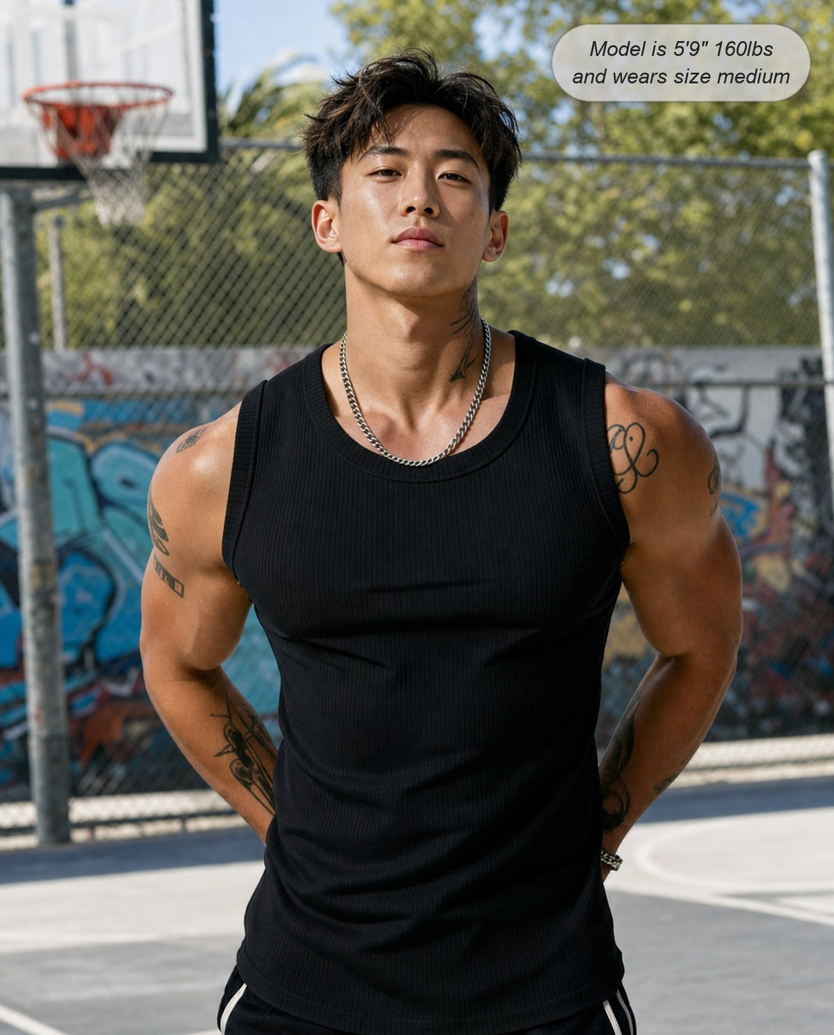 Man wearing the Apex ribbed tank in black at the court