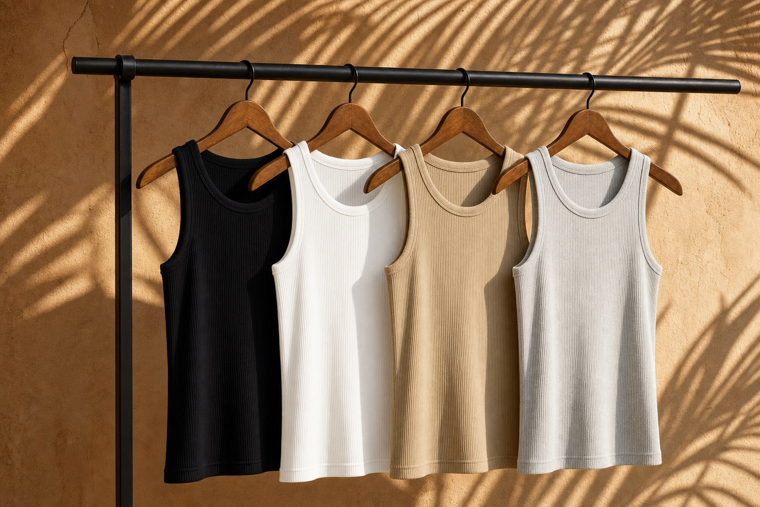 Apex ribbed tank in all four colors on a rail with palm-shadow light