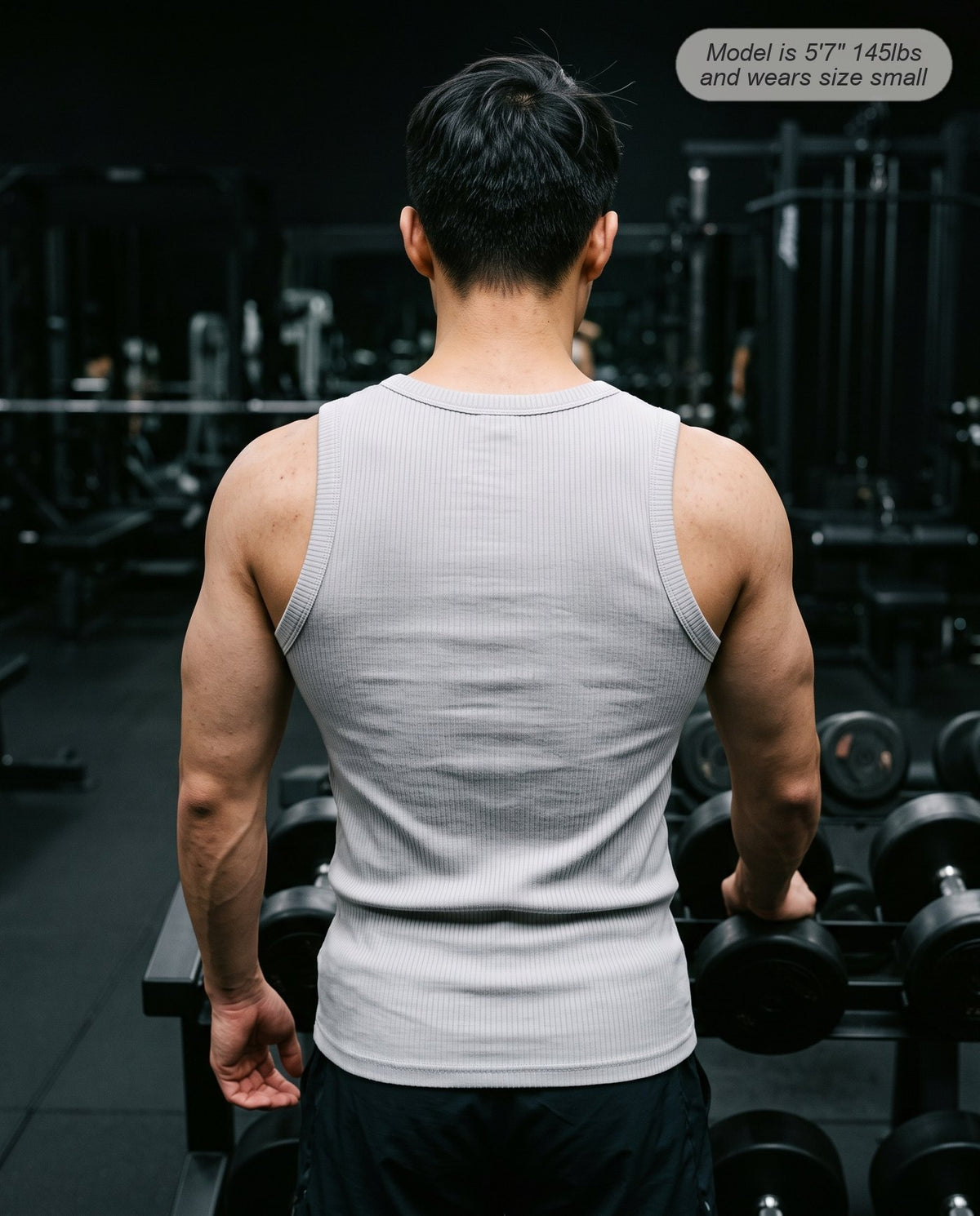 Back view of the Apex ribbed tank in silver showing the high back coverage