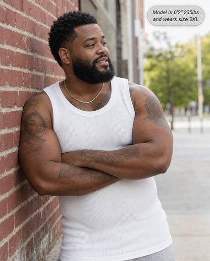 Man wearing the Apex ribbed tank in white on the street