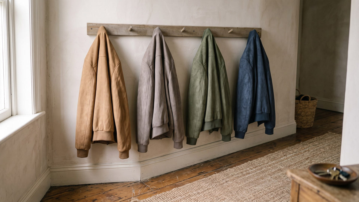 Atlas suede bomber jackets on a hallway peg rail