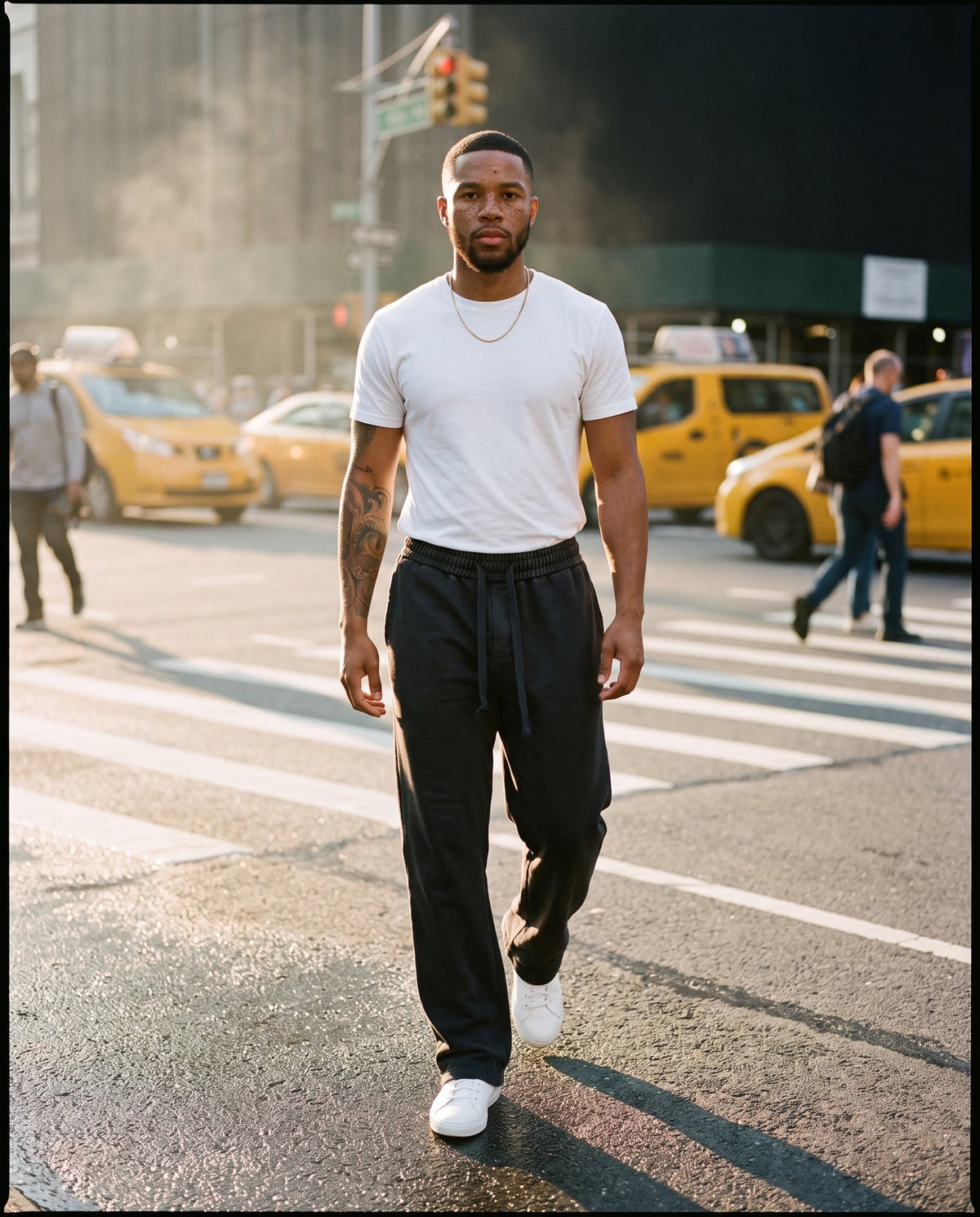 Man wearing the Citadel relaxed acid wash sweatpants in washed black at a city crosswalk