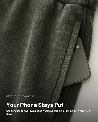 Deep side pocket holding a phone, washed army green