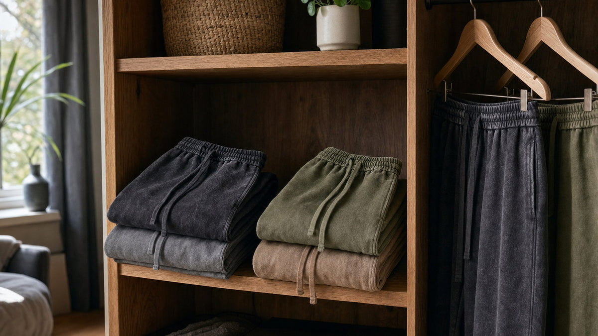 Citadel sweatpants folded in a wardrobe