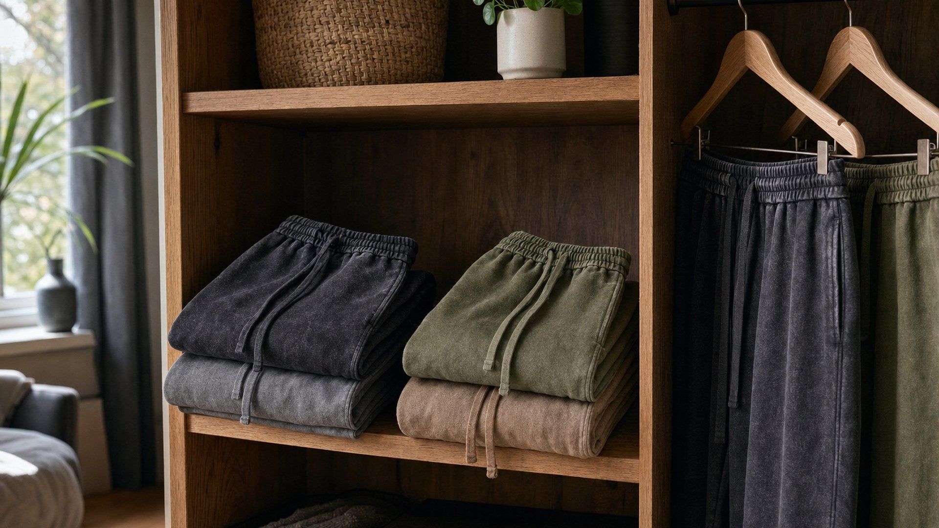 Citadel sweatpants folded in a wardrobe