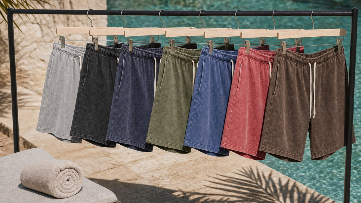 Colossus shorts on a poolside rail
