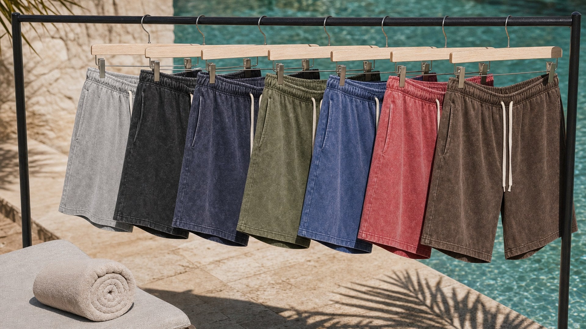 Colossus shorts on a poolside rail