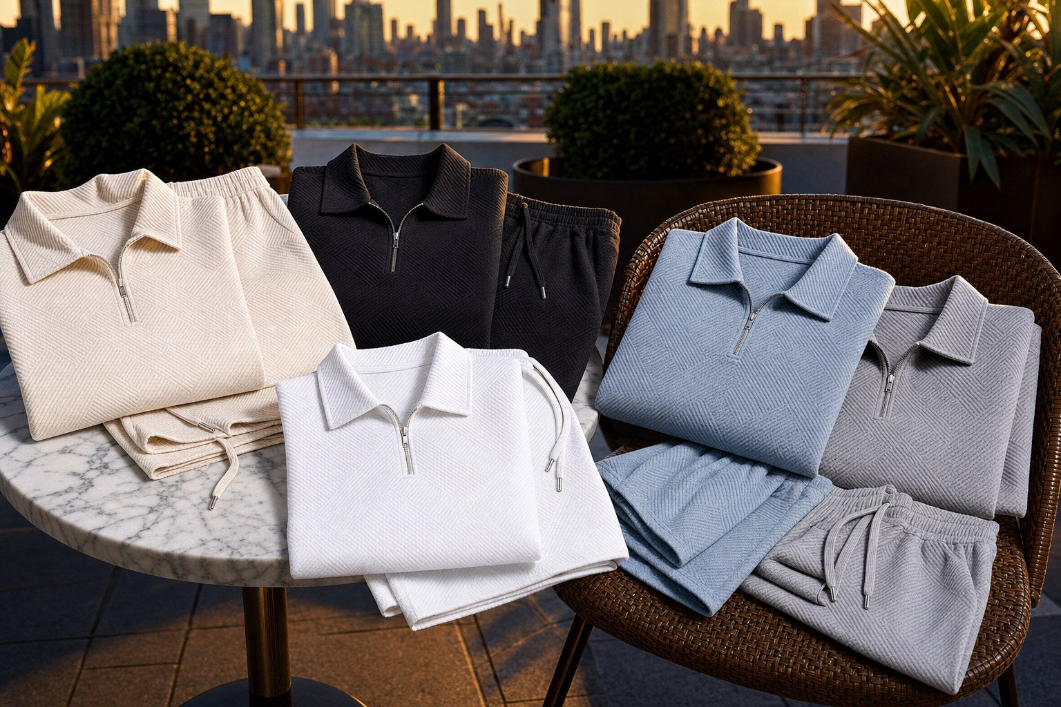 Crown Canvas short sets on a rooftop terrace at golden hour with city skyline