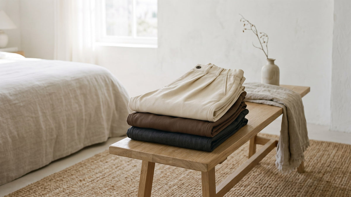 Envoy pleated wide leg trousers folded on an arcade bench