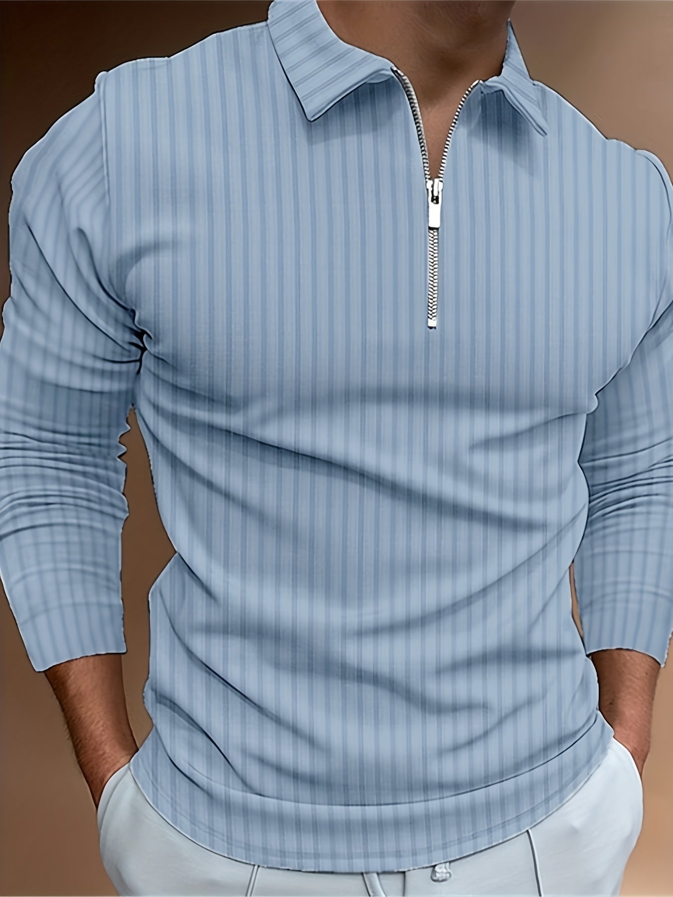 Men's Sovereign Stripe Half Zip Collar Long Sleeve Shirt in Blue and White Stripes