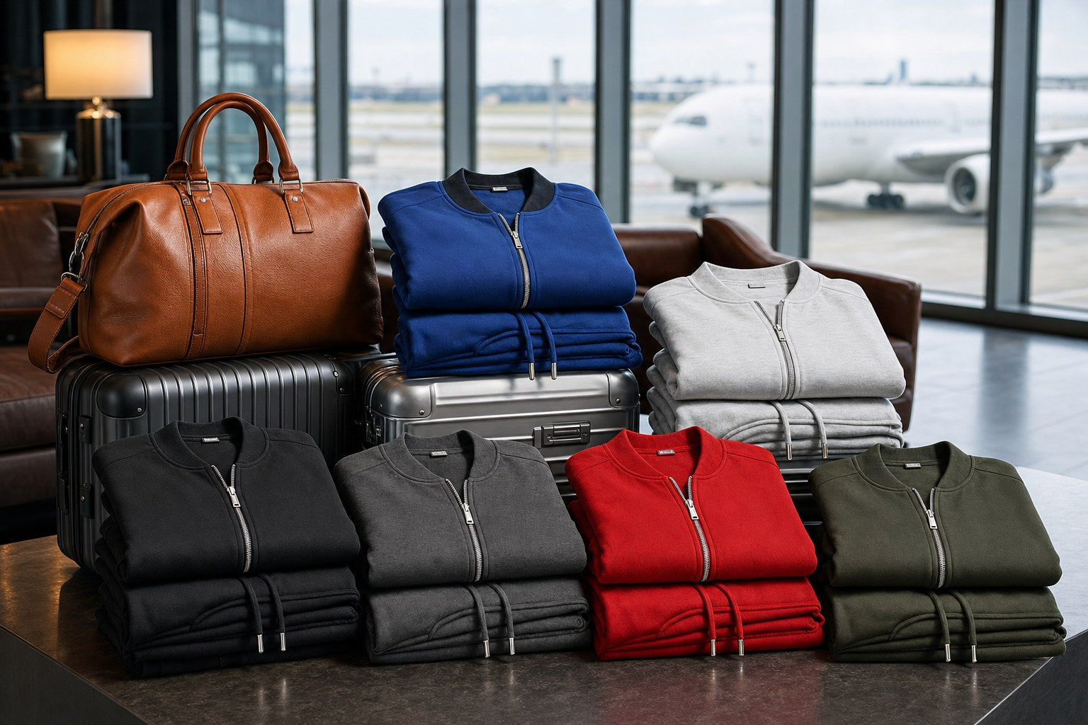 Jetsetter jogger sets folded on luxury luggage in an airport lounge