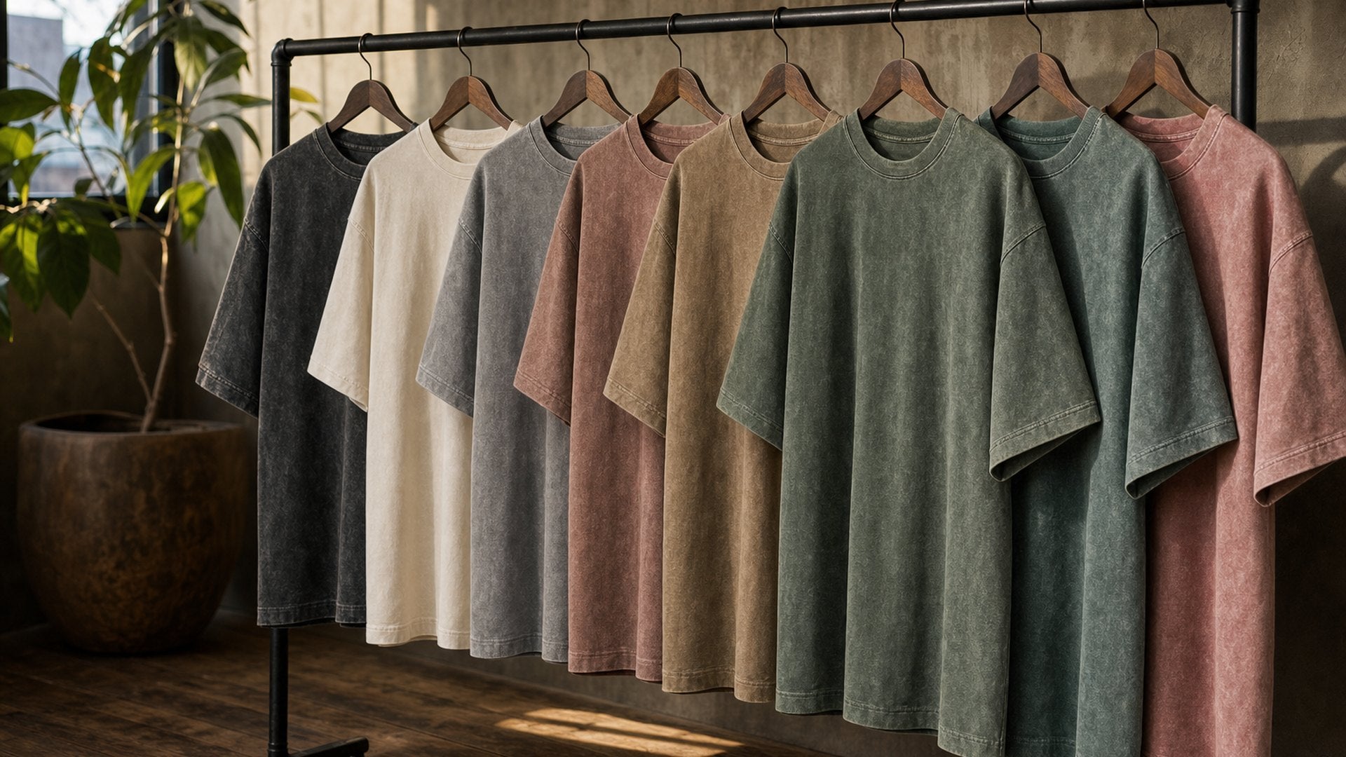 Legion oversized acid wash tees on a boutique rail in a sunlit store