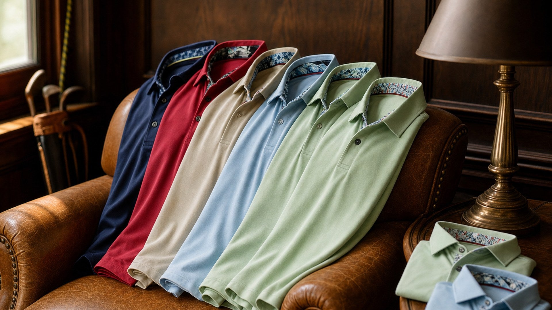 Meridian golf polos draped over a leather chair in a clubhouse