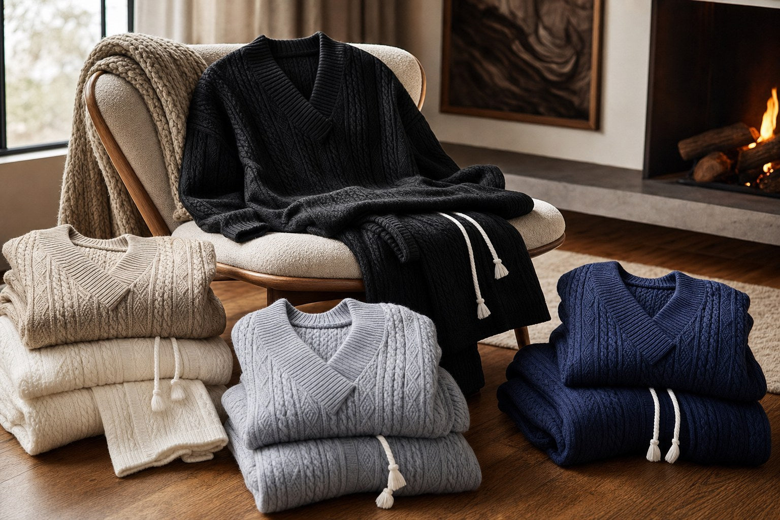 Parure Maille knit sets folded in a warm luxury apartment by a fireplace