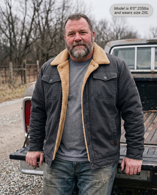 Man wearing the Sentinel sherpa jacket in charcoal grey by a pickup truck