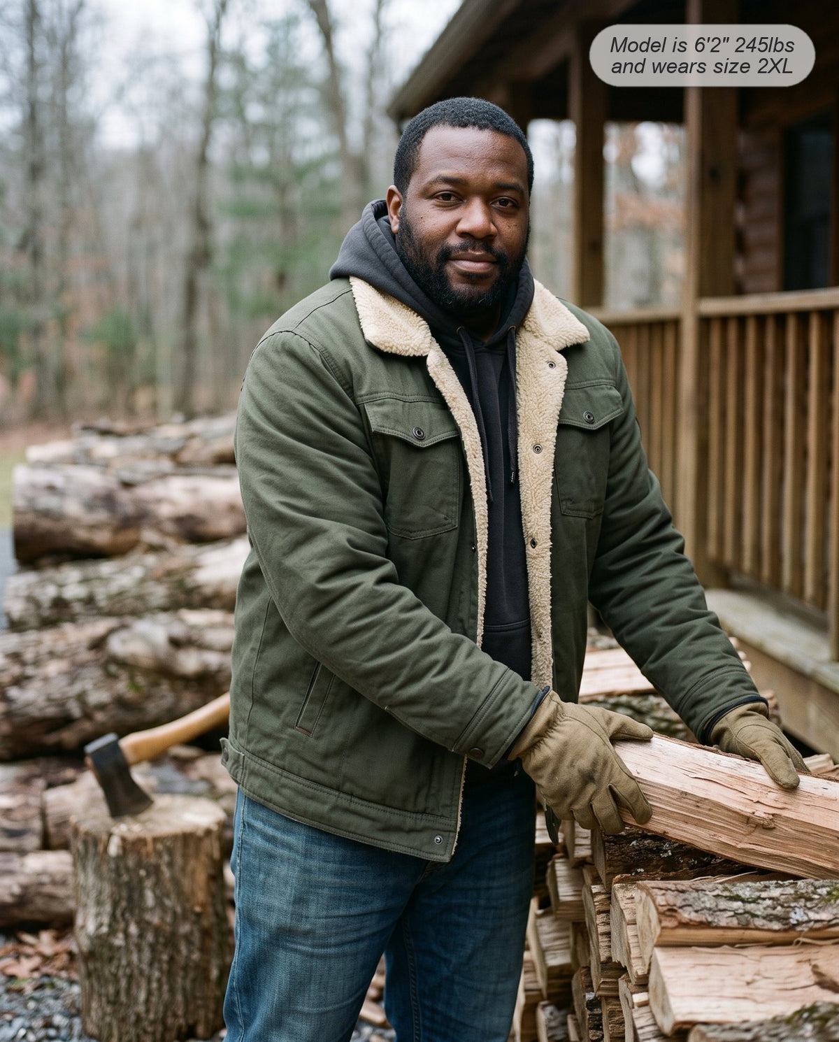 Man wearing the Sentinel sherpa jacket in olive green stacking firewood