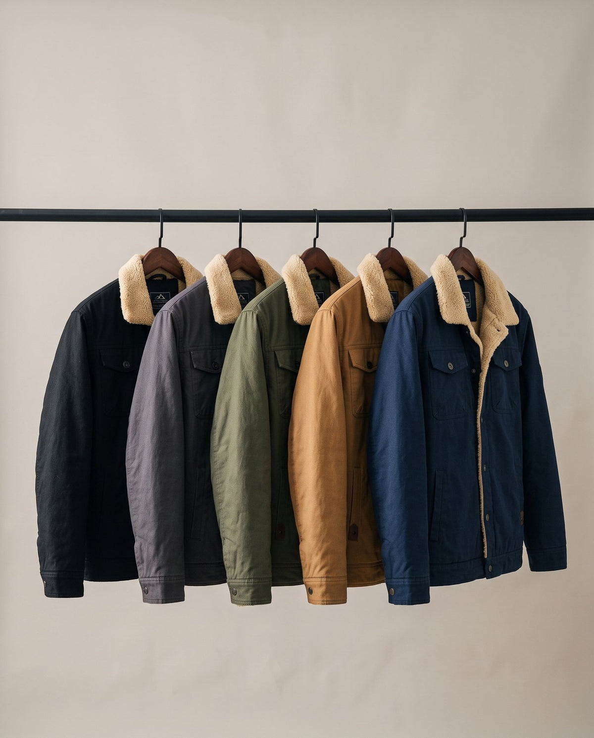 Sentinel sherpa jackets hanging in all five colourways