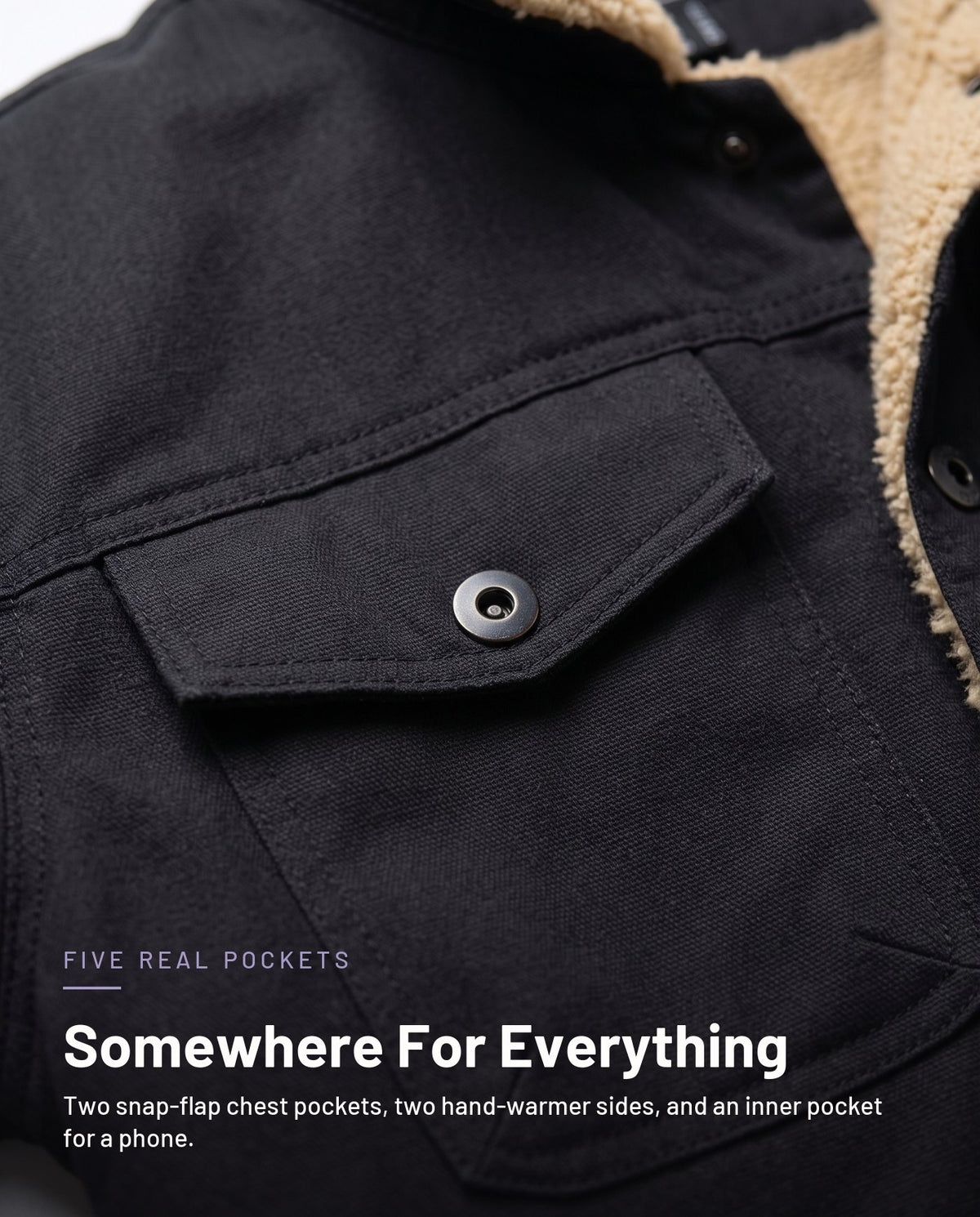 Snap-flap chest pocket detail in black