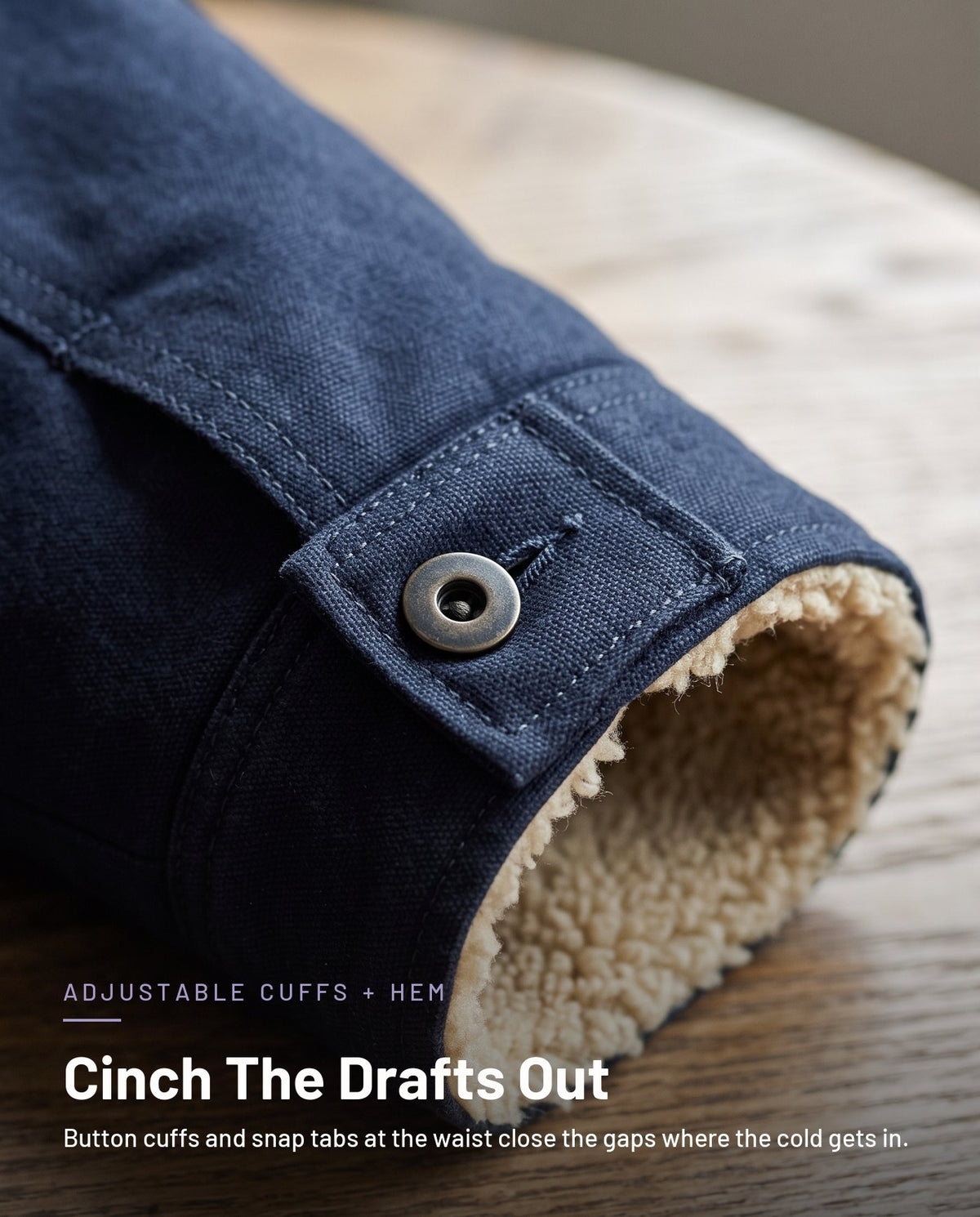Button-adjustable cuff detail in navy