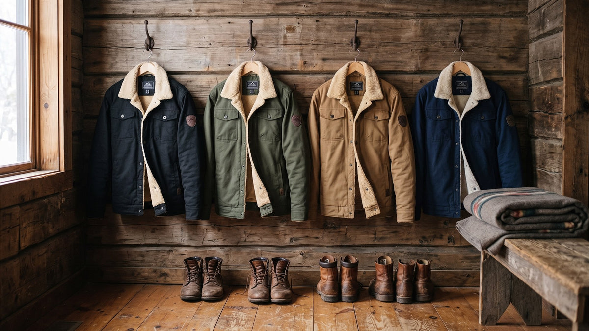 Sentinel sherpa jackets hanging in a cabin mudroom